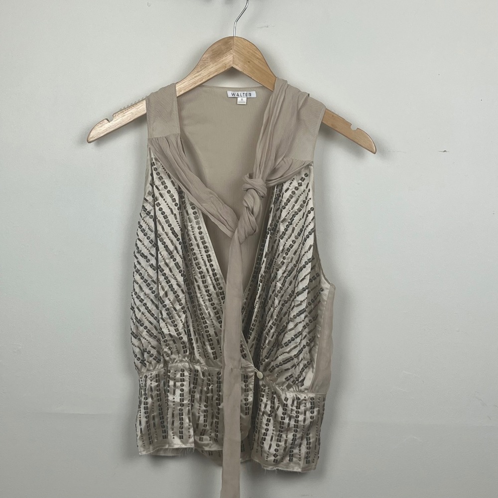 Walter Baker Silk Sequin Beaded Wrap Top Champagne Taupe Sleeveless Blouse Small